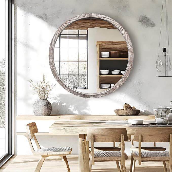 35" Round Wood Mirror, Large Wooden Round Mirror, Wood Round Mirrors for Wall Decor, Rustic Circle Wall Mirrors for Entryway, Living Room, White Washed Frame