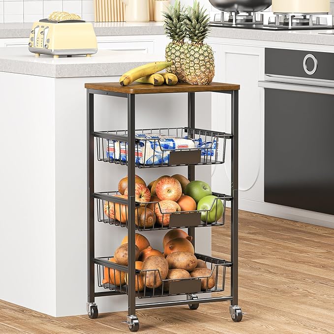 Kitchen Storage Cart with Wheels, 4-Tier Metal Utility Rolling Cart Fruit Vegetable Storage Basket Pantry Rack with Wood Top & Pull Out Baskets for Kitchen, Livingroom, Diningroom, Office