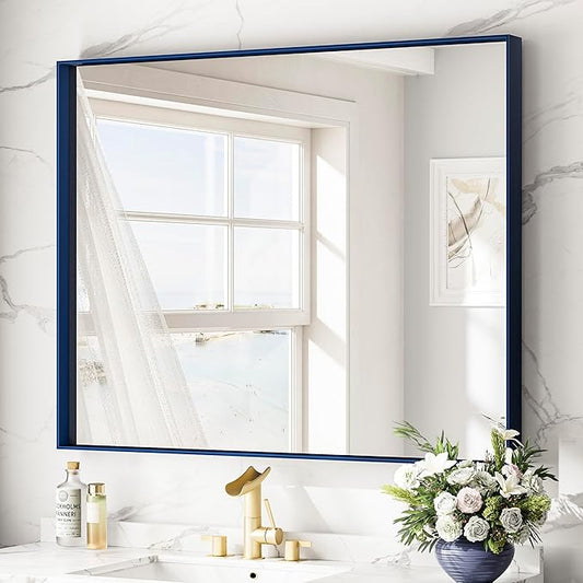 Keonjinn 42 x 36 Inch Blue Framed Mirror Bathroom Vanity Mirror for Wall Metal Frame Rectangle Navy Blue Bathroom Mirror Large Square Corner Modern Farmhouse Mirror for Over Sink(Horizontal/Vertical)