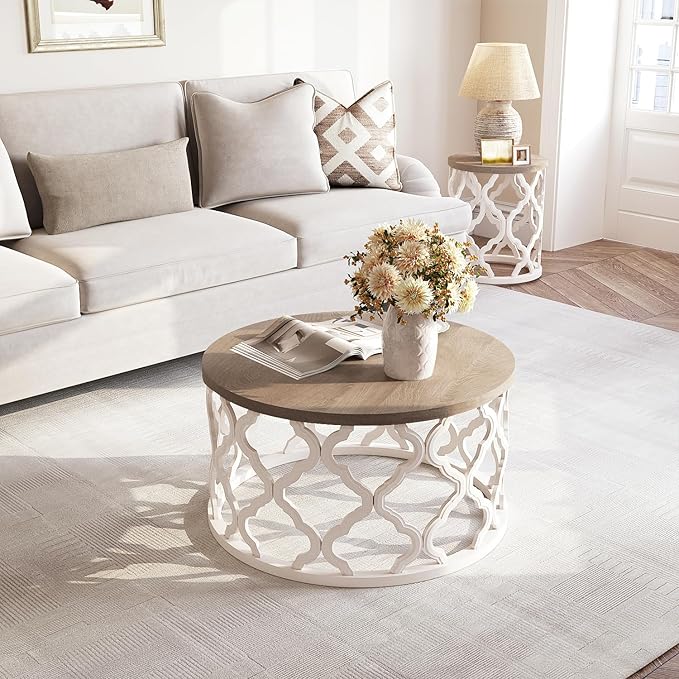 karlott Farmhouse Coffee Table, French Country Round Coffee Table, Coastal Coffee Table with Distressed Wood Top, Boho Coffee Table with Curved Motif Frame Base for Living Room, Dining Room, Bedroom