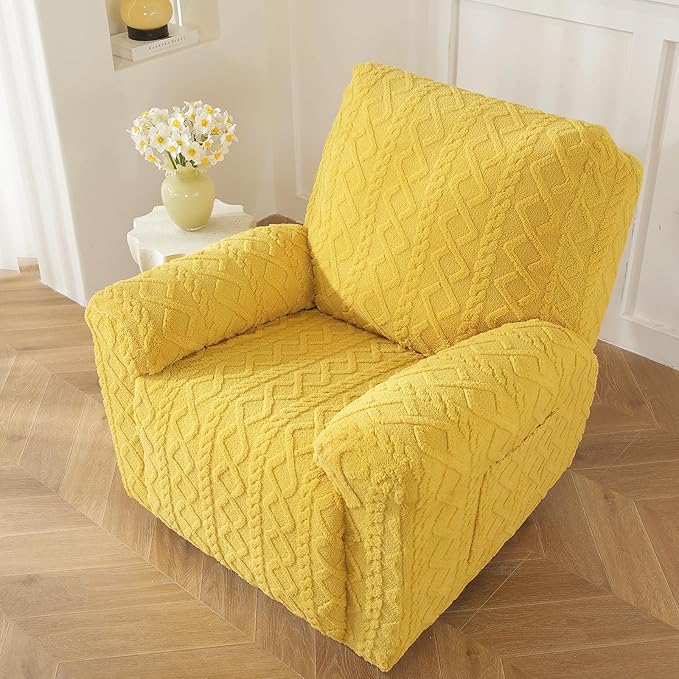 vctops 4 Pieces Geometric Jacquard Plush Recliner Slipcovers Soft Fuzzy Fluffy Sofa Couch Cover Anti-Slip Furniture Protector with Elastic Bottom for Kids Cats Dogs(Yellow,1 Seat)