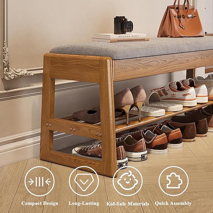 Shoe Rack Bench with Cotton-Linen Cushion 2-Tier Wooden Storage Bench 550lbs Compact Simple & Modern Design for Entryway, Hallway, Bedroom, Living Room, Closet, Front Door Entrance, Foyer