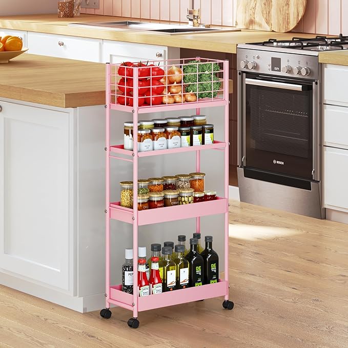 KINGRACK Slim Storage Cart, 4-Tier Metal Utility Rolling Cart with Wheels,Bathroom Organizer, Skinny Rolling Trolley, Mobile Shelving Unit for Office, Laundry Room, Narrow Place,Pink