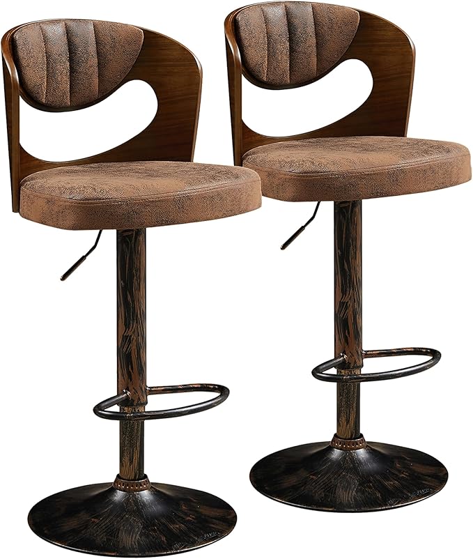 VECELO Bar Stools Set of 2,Kitchen Island Stools with Bentwood Back,Arm&Footrest,Counter Height Stools PU Leather Adjustable Height,Swivel Bar Chairs for Club Pub Dining Room,Dark Brown