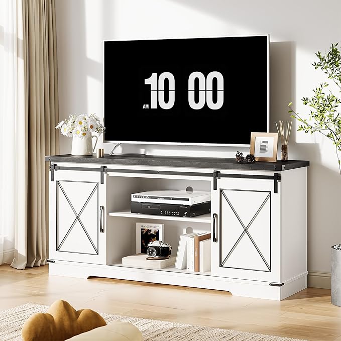 GAOMON Farmhouse 59" TV Stand Up to 65 Inches, Mid Century Modern TV Entertainment Center with Storage Cabinets & Open Shelves, Wood TV Cabinet for Living Room, White