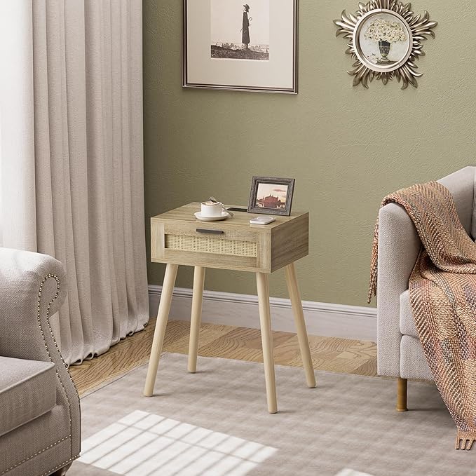 HAIOOU Nightstand with Charging Station Rattan Drawer, Mid Century Modern Side Table, End Beside Table with Pine Wood Legs Storage for Bedroom Living Room