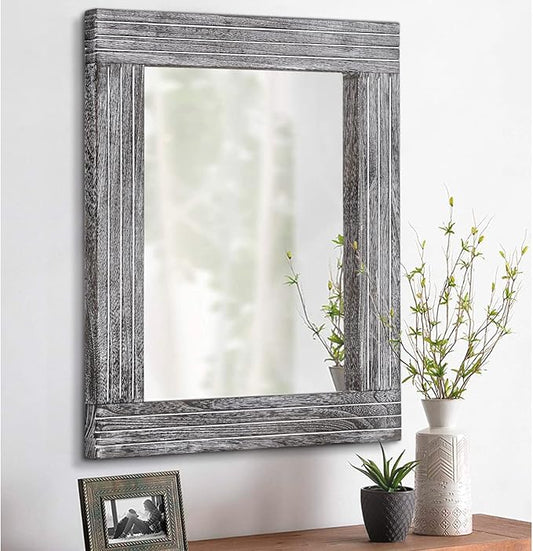 Rustic Wall Mirror Farmhouse, with Frame Wood Wall Mirror Rectangle Antique Decor Hanging Mirror for Bathroom Living Room Bedroom Entryway Small 16" x 12 "
