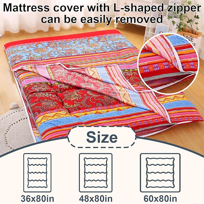 Bohemian Retro Japanese Floor Mattress, Vintage Floral Tatami Floor Mat, Portable Roll up Futon Mattress for Guest,Tavel (E,Full 80" X 47")