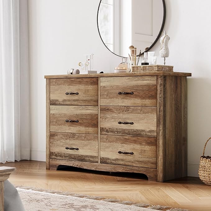 LINSY HOME 6 Drawers Dresser for Bedroom, 47" Wide Rustic Wood Dressers & Chests of Drawers, Modern Farmhouse Storage Dresser with Antique Handles for Closet, Living Room, Hallway, Rustic Brown