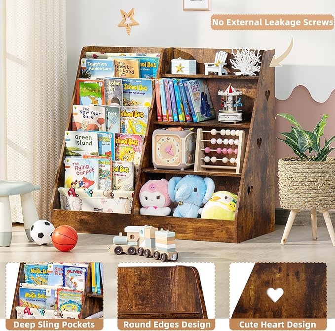 Lerliuo 4 Tier Kids Bookshelf and Storage Organizer, Five Layer Sling Children Bookcase, Baby Toddler Wooden Book Shelf, Display Cabinet for Playroom, Bedroom, Classroom, Nursery, School (Brown)