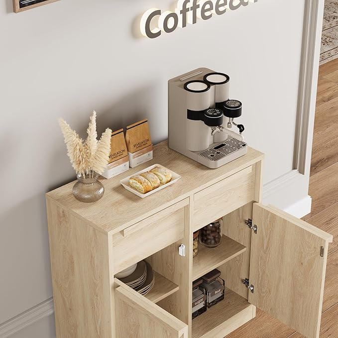 GarveeHome Sideboard Buffet Cabinet with 2 Drawers, 31.5" Large Coffee Cabinet with Storage, Modern Storage Buffet Table for Kitchen Dining Room, Living Room (Pear Wood, 2 Doors & 2 Drawers)