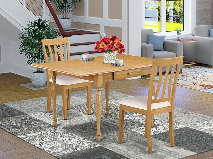 East West Furniture MZAN3-OAK-LC 3 Piece Kitchen Table & Chairs Set Contains a Rectangle Dining Table with Dropleaf and 2 Faux Leather Dining Room Chairs, 36x54 Inch, Oak