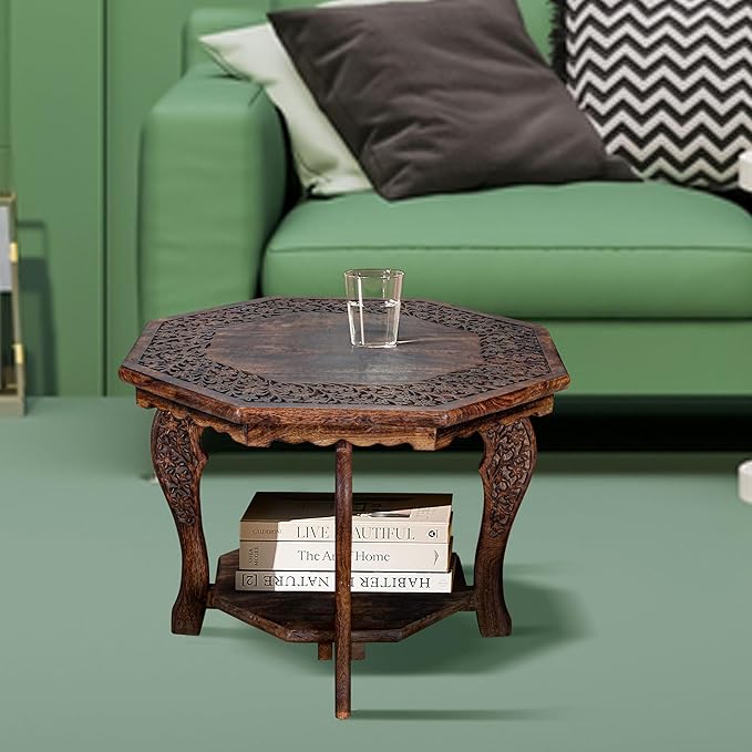 The Wooden Town Farmhouse Octagon Accent End Table, Rustic Side Table Nightstands for Living Room, Bedroom, Foldable Coffee Tables with Carving, Wood Tray Top, Handcrafted Finish, 24"x24"x18" - Burnt