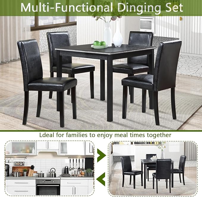 KEIKI 5-Piece Standard Height Dining Table Set with Square Table and 4 Upholstered Chair, for 4 Person, Classic Crystal Decoration Wood Table Set, Easy Assembly, for Kitchen, Dining Room, Black