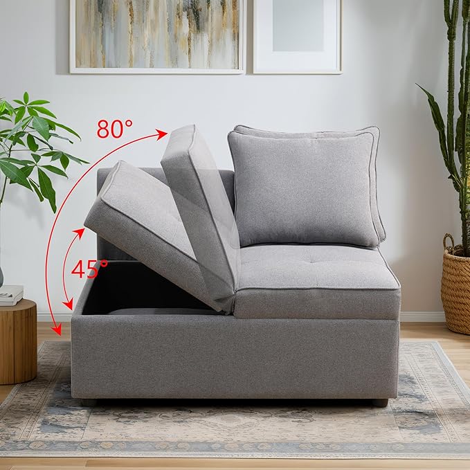 Convertible Ottoman Sofa with Storage, Modern Sackcloth Futon Couch with 2 Pillows Adjustable Backrest, Recliner Folding Loveseat for Living Room, Apartment Dorm, Office,Grey