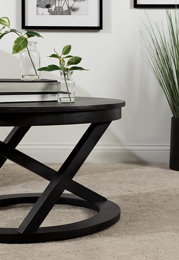 Kate and Laurel Aja Modern Round Wood Coffee Table; 26 Inch Diameter; Black; Decorative Contemporary Transitional Coffee Table for Hosting; Storage; and Display