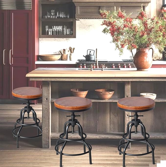Diwhy Industrial Vintage Counter Stool, Kitchen Counter Height Adjustable Swivel Chair, Metal Frame Stool, 20.47-26.77 Inch, Fully Welded Base, Set of 2