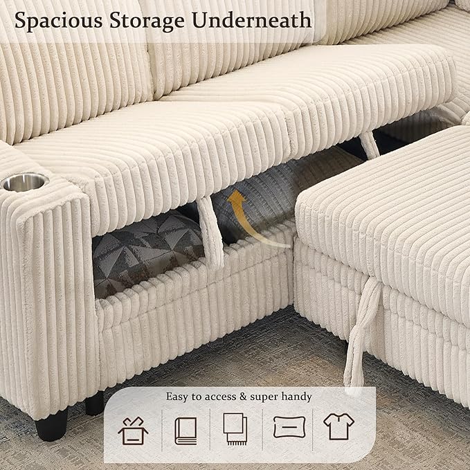 Ball & Cast Modular Sectional Sleeper Sofa Bed,L-Shaped Couch W/Pull Out Bed and USB Charging,Cupholders&Storage Seats,Convertible Sleeper Sofa Beds for Living Room,Apartment,Corduroy Fabric,Beige,81"
