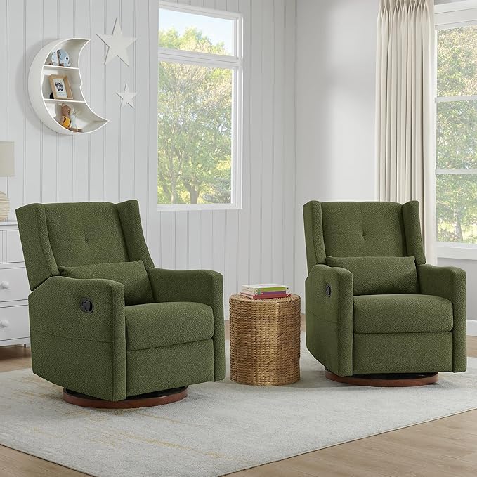 Upholstered Recliner Swivel Glider Nursery Chair Reclining Performance Fabric Rocker with Wood Base,Boucle,Moss Green