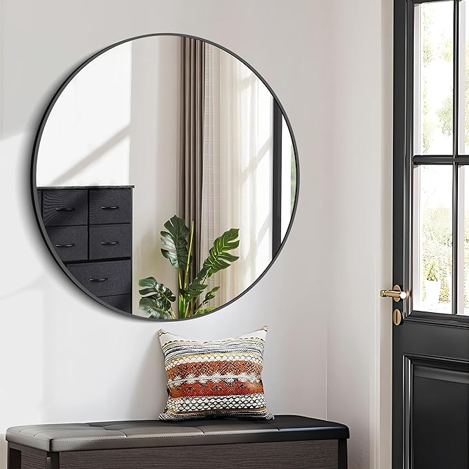 Black 39-Inch Round Mirror - Wall Mounted Aluminum Alloy Metal Frame for Bathroom, Entryway, Living Room, Large Over Sink