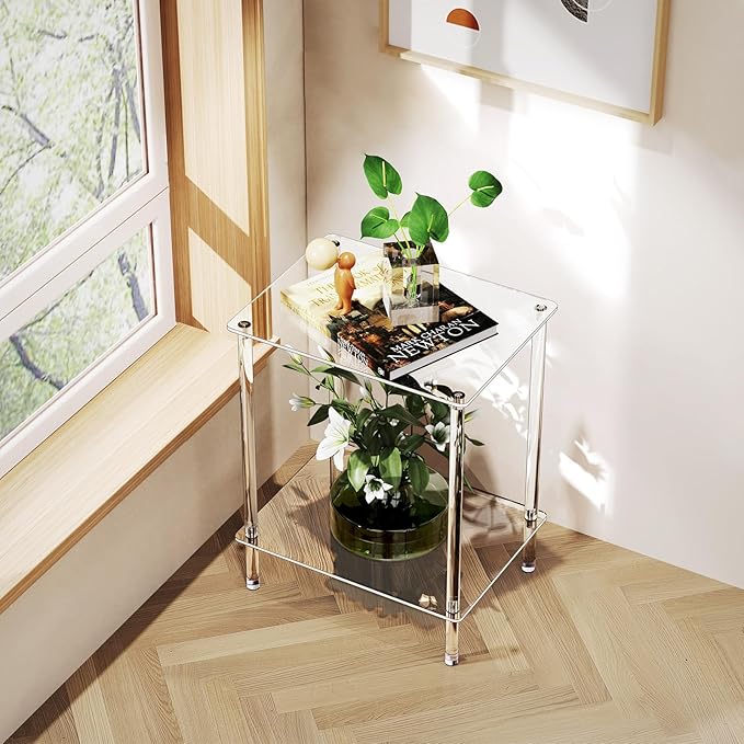 Clear Acrylic Side Table, 2-Tier End Table for Living Room, Small Modern Bedside Tables Nightstand for Bedroom, Home Decor Accent Table, 15.7" L x 11.8" W x 19.82" H, Clear