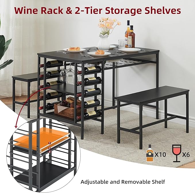 IDEALHOUSE Dining Table Set for 4, Kitchen Table Set for 4 with 2 Benches, Rectangular Dining Room Table Set with Wine Rack, 3 Piece Dining Table Set for Small Space Apartment, Black