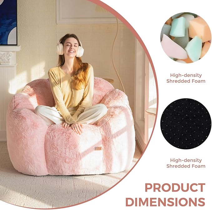 MAXYOYO Bean Bag Chair for Adults, Floral Shaped Bean Bag Sofa, Ultra Soft Faux Fur Floor Sofa, Large Reading Chair for Living Room Bedroom, Pink, Single