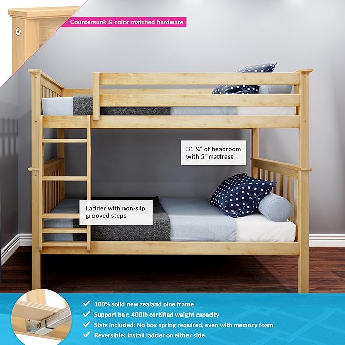 Max & Lily Bunk Bed Twin over Twin, Solid Wood Bunk Bed Frame with Ladder for Kids, 14" Safety Guardrails, Easy Assembly, No Box Spring Needed, Natural