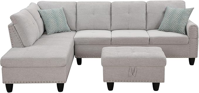 Ball & Cast 98" L Shaped Sectional Couch for Living Room with Chaise & Storage Ottoman,4 Seat Linen Upholstered Modular Sectional Sofa Set 3 PCS W/Cup Holder & Nailhead Trim,for Home,Office,Light Gray