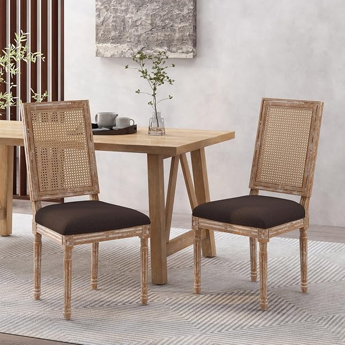 Merax Upholstered Solid Wood Dining Chairs Set of 2, French Country Style Accent Side Seating Furniture for Kitchen, Living Room, Wicker Back, Brown