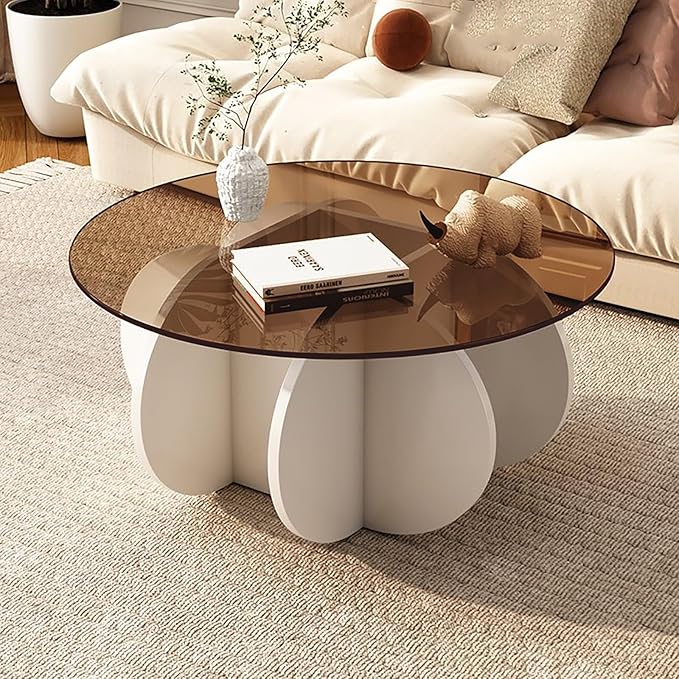 Mid Century Modern Round Glass Coffee Table for Living Room, Small Coffee Tables for Center Suitable for Bedroom Living Room Reception Office Tables (White/Brown)