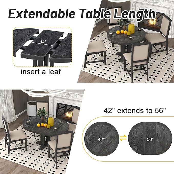 Need Extendable Farmhouse Round Dining Table, 48-60 Inch Pedestal Base Kitchen Table for Small Spaces & Dining Rooms (Black Finish)
