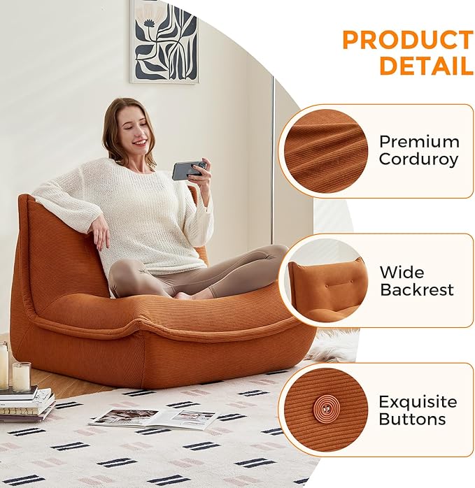 Bean Bag Chairs for Adults Giant BeanBag Chair Sofa Memory Foam Bean Bag Chair Couch with Ergonomic Design for Adults and Kids Home Living Room Bedroom Office Home Gaming Salon(Caramel Color)