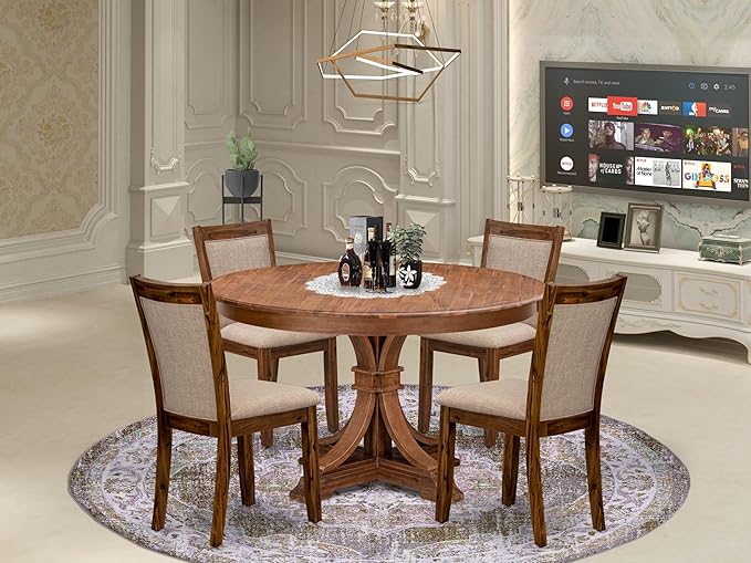 F7MZ5-50N-04 5-Pc Dining Table Set Includes a Pedestal Dinner Table and 4 Light Tan Polyester Fabric Parson Chairs with Padded Back- Antique Walnut