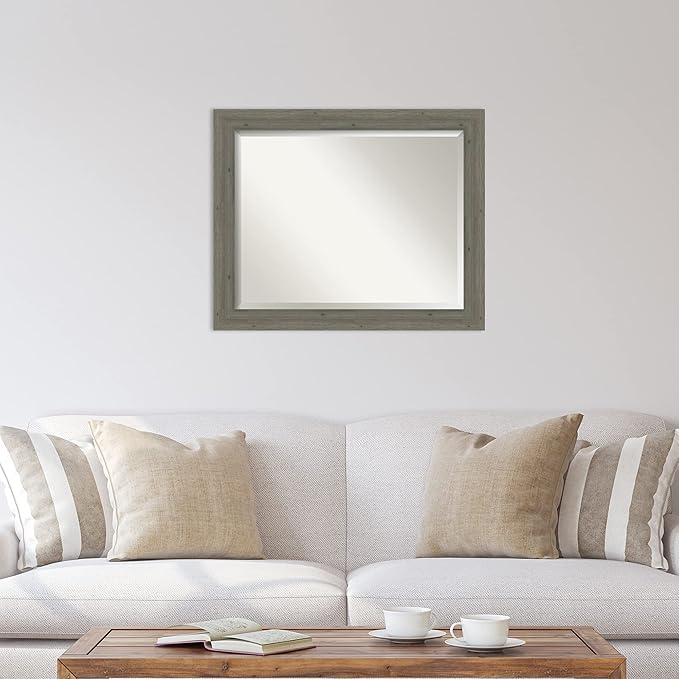 Amanti Art Grey Wall Mirror 27x33 Fencepost Grey Narrow Rectangle Bathroom Mirror for Wall Decor Living Room, Large Country Rustic Wood Frame, Hangs Horizonally and Vertically, Bathroom Decor,