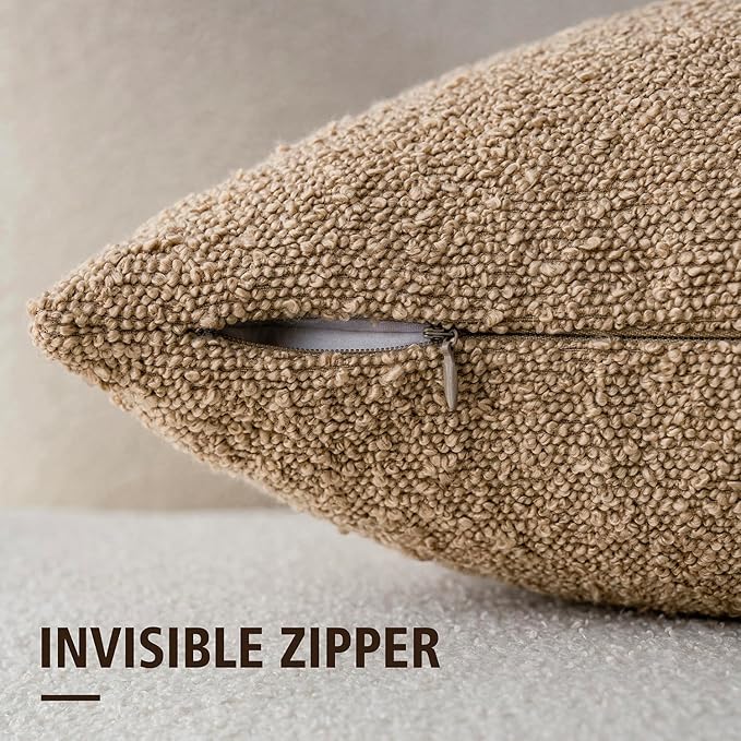 Foindtower Set of 2, Decorative Textured Boucle Throw Pillow Covers Accent Solid Pillow Cases Soft Cozy Couch Cushion Case for Chair Sofa Bedroom Living Room Home Decor 24 x 24 Inch Taupe Khaki Camel