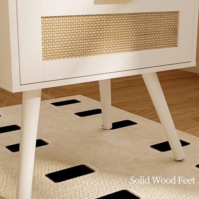 Rattan Nightstand with Charging Station,Farmhouse Bedside Table with 2 Storage Drawer and Open Wood Shelf, for Bedroom and Small Spaces,Night Stand with Solid Wood Legs (White-Outlet)