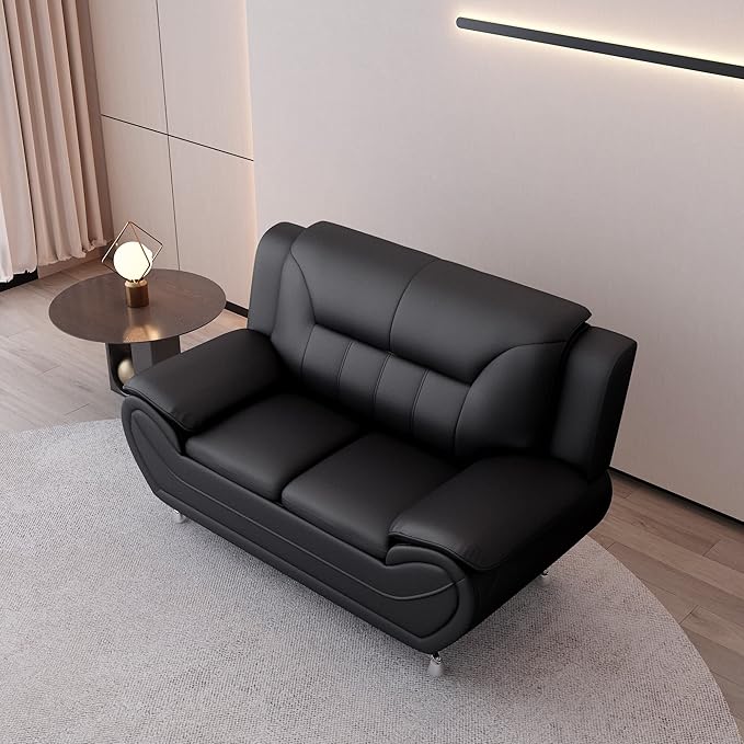 Container Furniture Direct Michael Modern Faux Leather Upholstered Stainless Steel Legs Living Room, Chair, Loveseat, Sofa, Black