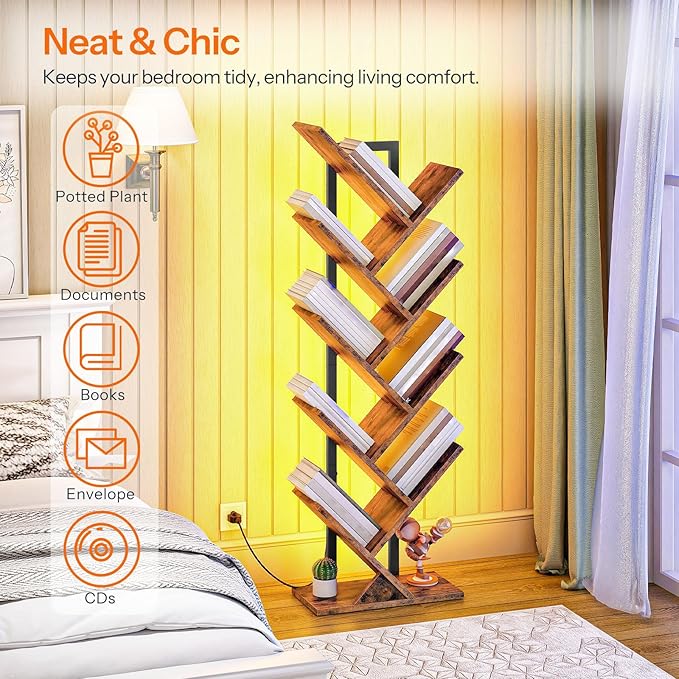 HOOBRO Tree Bookshelf, 9-Tier Tree Bookshelf with Lights, Space-Saving Book Shelf, Holds Books, CDs, Floor Standing Bookcase for Office, Living Room, Bedroom, Rustic Brown and Black BF08DSJ01