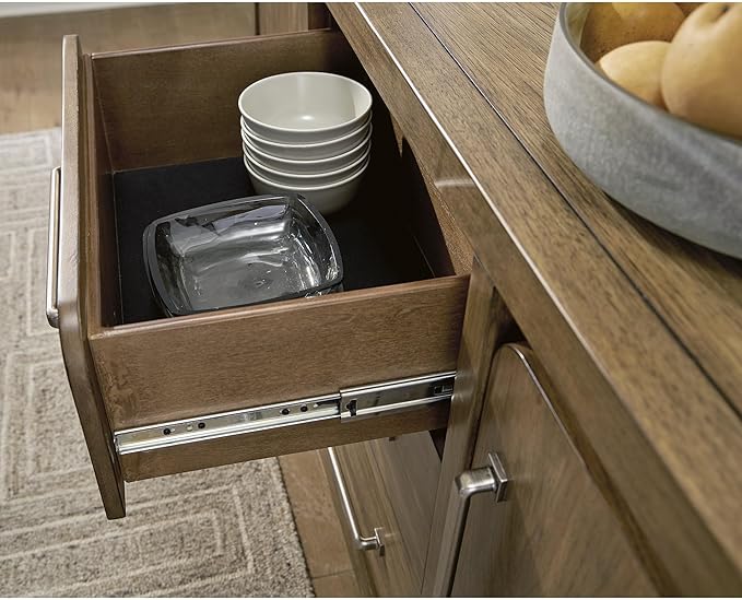 Signature Design by Ashley Cabalynn Farmhouse Glazed 2-Door Dining Server with Adjustable Shelves and 3 Drawers, Light Brown