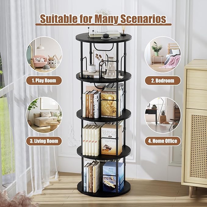 Rotating Bookshelf, 4 Tier Spinning Bookshelf Tower, 360° Display Round Bookcase, Floor Standing Corner Revolving Bookshelf Organizer Storage Rack for Small Spaces, Home Study Office, Black