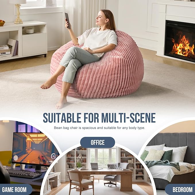 3ft Bean Bag Chairs for Adults Large Beanbag Chair with Stripe Plush Cover Big Bean Bag Chair for Living Room Bedroom Dorm Office