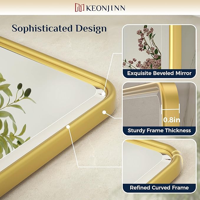 Keonjinn Large Pivot Mirror Bathroom, 40 x 30 Inch Beveled Tilt Mirror Bathroom, Gold Metal Framed Mirrors with Rounded Corner, Modern Rectangle Vanity Mirrors for Wall (Horizontal/Vertical)