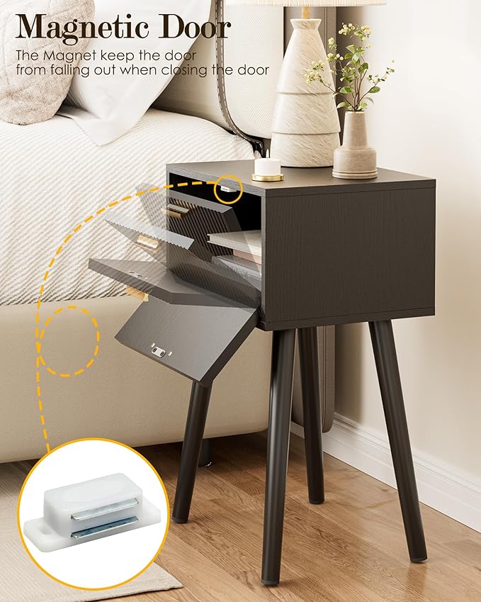 Night Stand, Black Nightstand with Fluted Door, Small Modern Mid-Century Bedside Table for Bedroom, End Table for Living Room