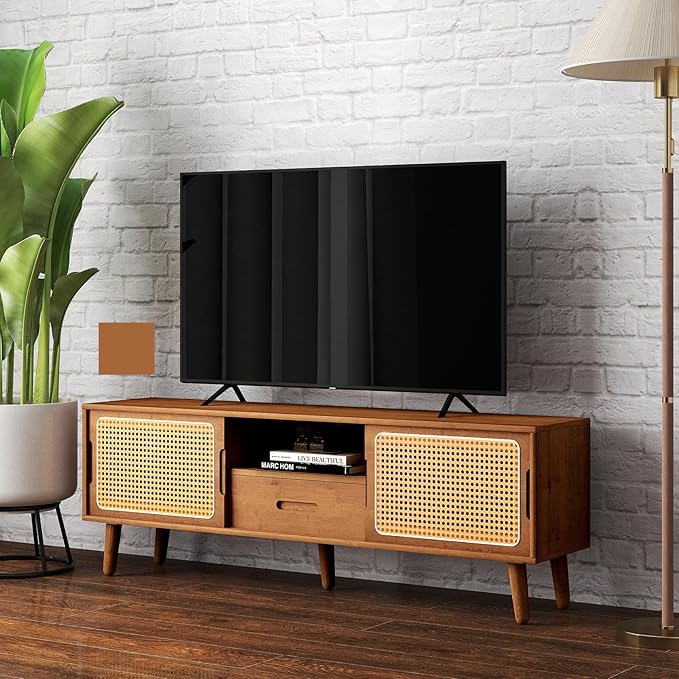 HollyHOME Bamboo TV Stand with Storage for TVs up to 65", Modern Entertainment Center with Rattan and Drawer, Accent TV Table with 2 Shelf, Media Console Cabinet for Living Room, Bedroom, Walnut