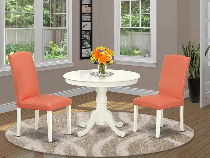 East West Furniture ANEN3-LWH-78 3 Piece Dining Set Contains a Round Kitchen Table with Pedestal and 2 Pink Flamingo Faux Leather Parson Dining Chairs, 36x36 Inch, Linen White