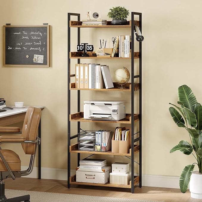 Rolanstar Bookshelf 6 Tier with 4 Hooks, Industrial Bookcase, Vintage Storage Rack with Open Shelves, Rustic Standing Bookshelves Metal Frame Display Rack for Living Room, Bedroom, Rustic Brown