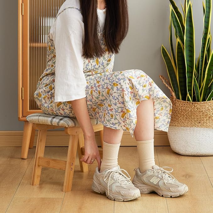 Foot Stool Ottoman Foot Rest Under Desk,Small Stool for Living Room, Bedroom and Kitchen (Natural Legs - Stripes Stool Surface)
