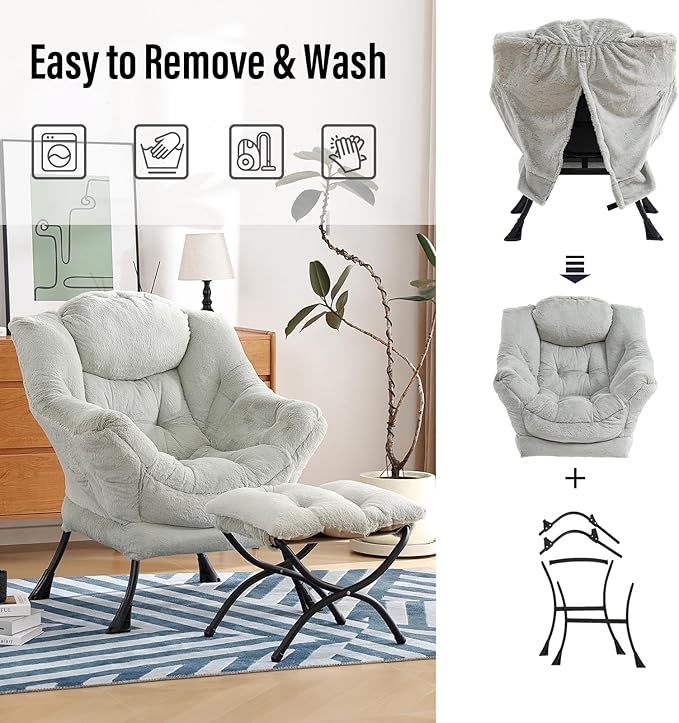 Lazy Chair with Ottoman, Modern Chair with Folding Footrest, Lounge Accent Chair, Comfortable Reading Chair (Plush Green)