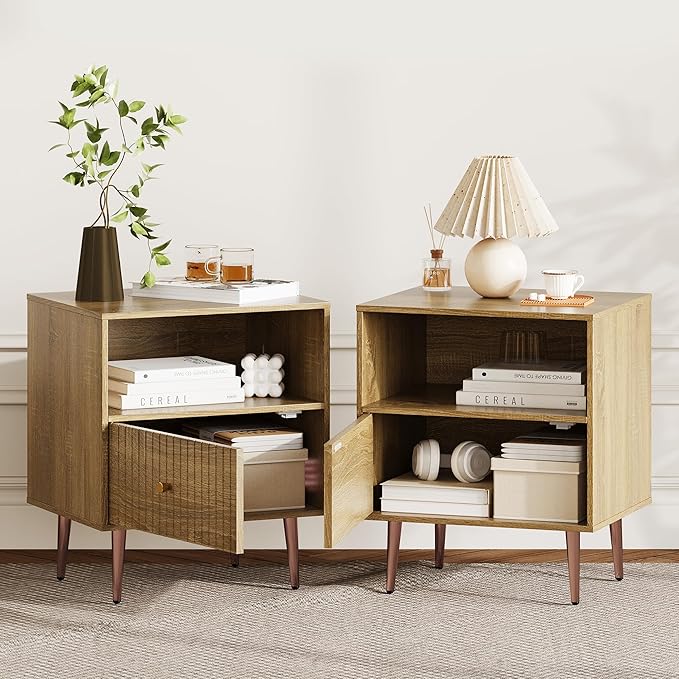Wood Night Stand Set 2,Modern Bedside Table with Door and Open Storage,Fluted Nightstand and Wood End Side Table with Rose Gold Metal Legs and Handles for Bedroom,Living Room,Natural